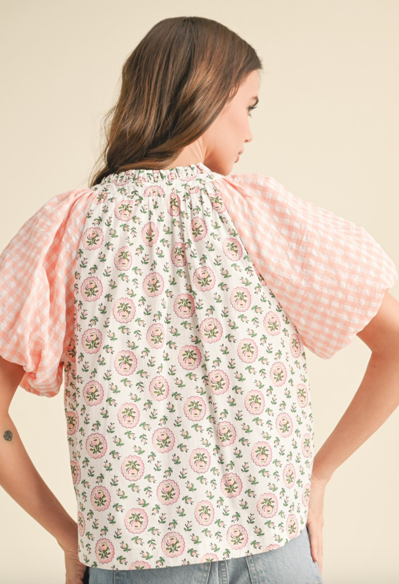 Contrast Print Bubble Sleeve Top