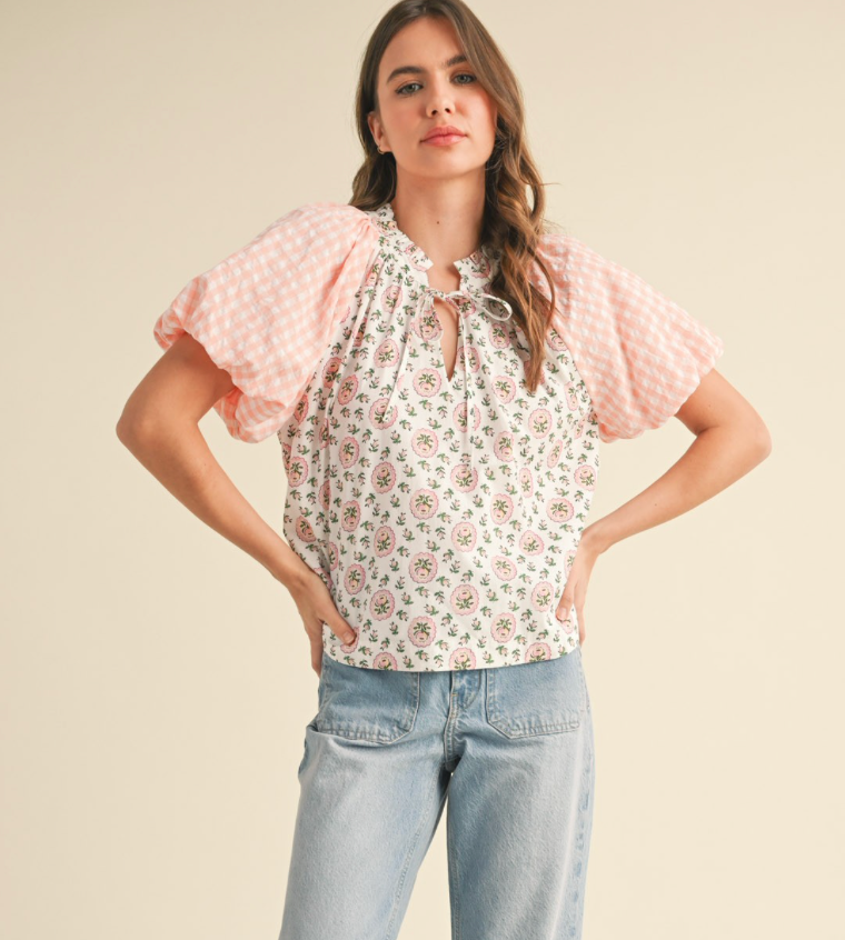 Contrast Print Bubble Sleeve Top