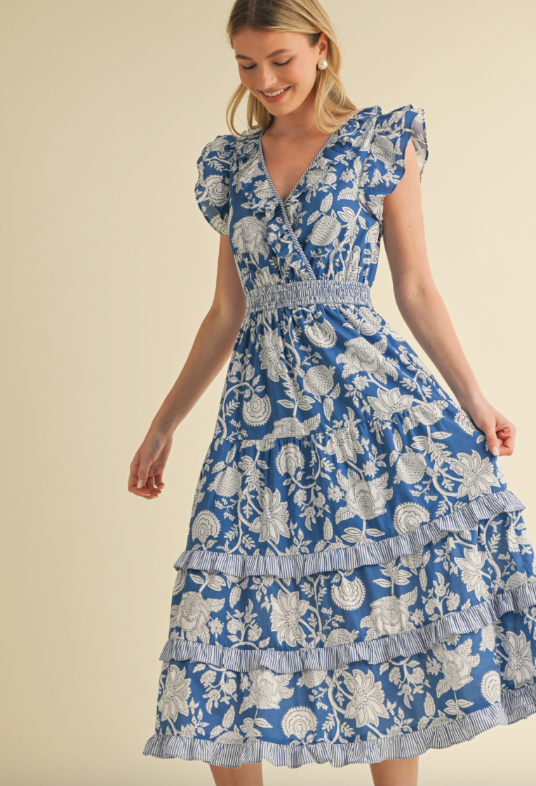 Mixed Floral Ruffle Trim Dress