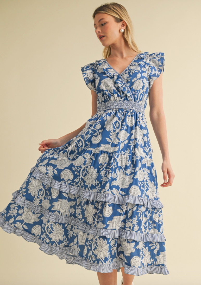 Mixed Floral Ruffle Trim Dress