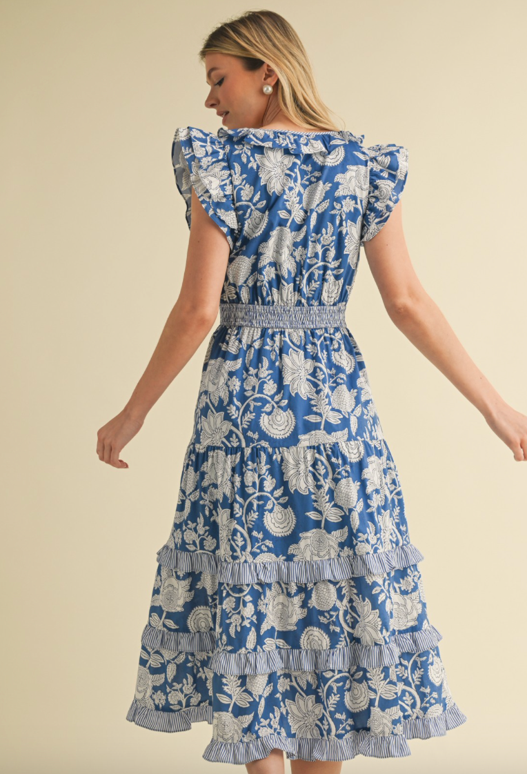 Mixed Floral Ruffle Trim Dress