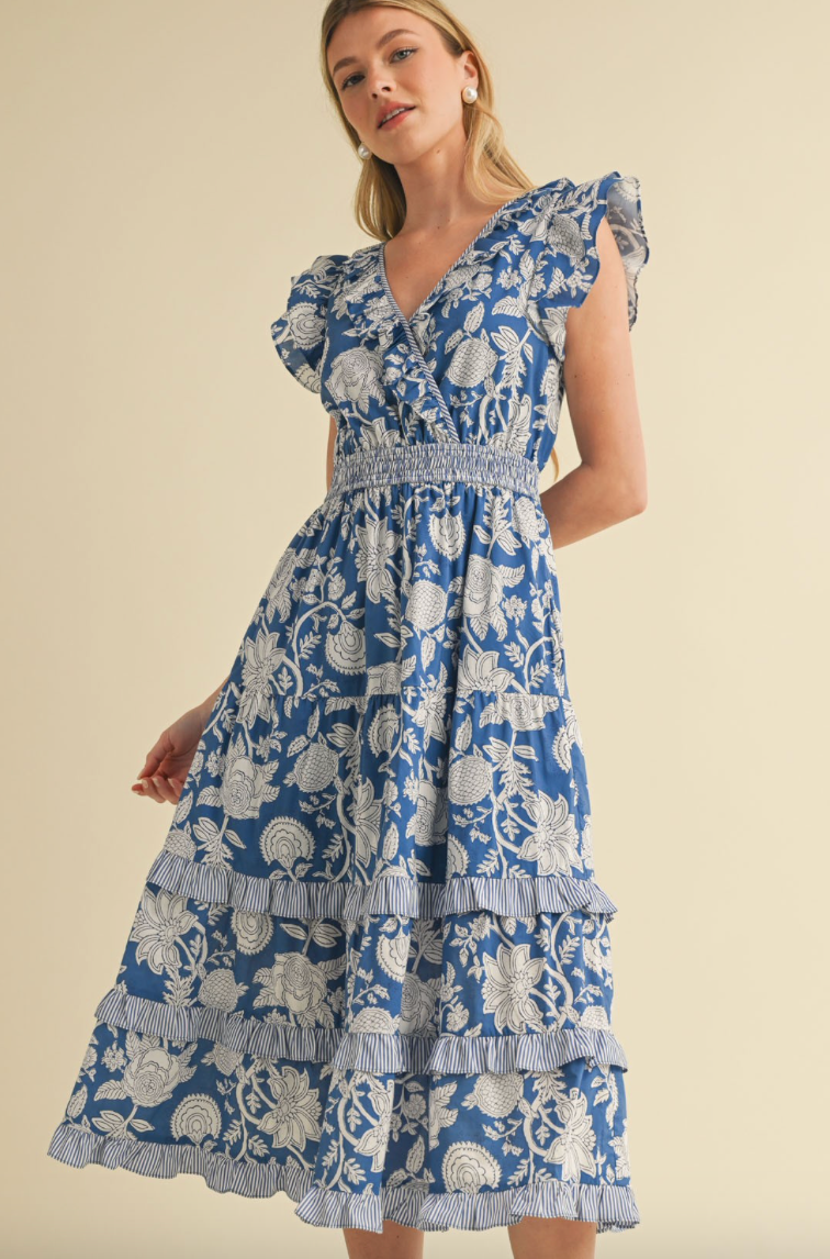 Mixed Floral Ruffle Trim Dress