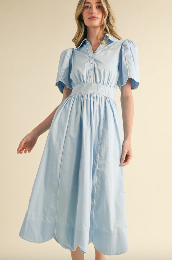 Collared Shirt Dress with Scalloped Edges