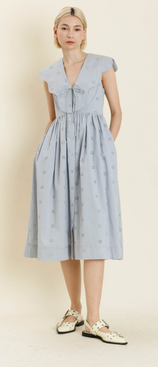 Scallop Collar Eyelet Midi Dress