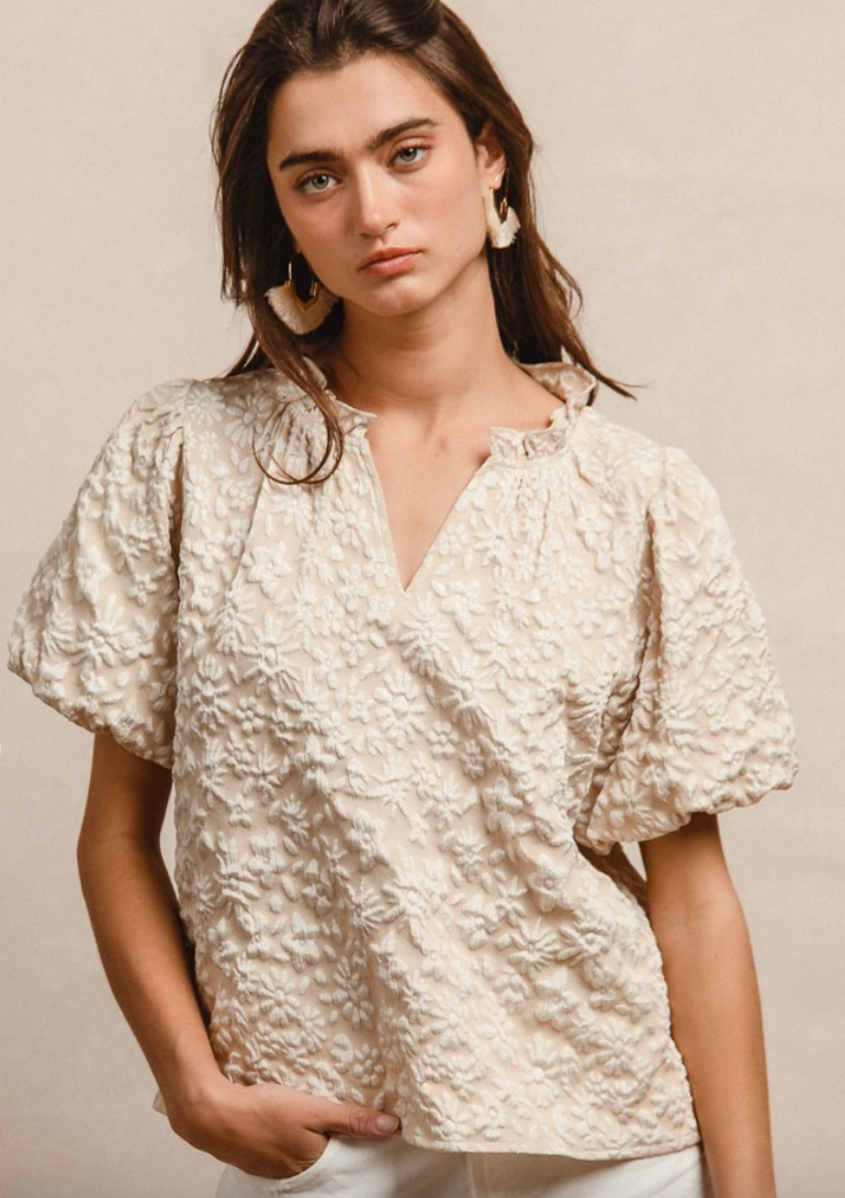 Floral Textured Balloon Sleeve Top