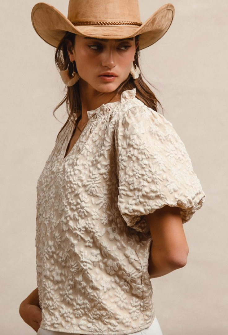 Floral Textured Balloon Sleeve Top