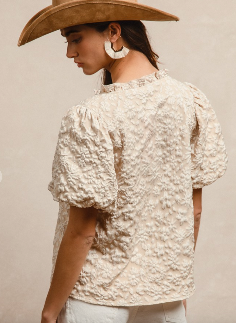 Floral Textured Balloon Sleeve Top