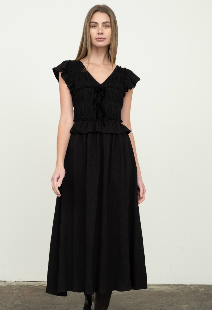 Shirred V-Neck Ruffle Trim Midi Dress