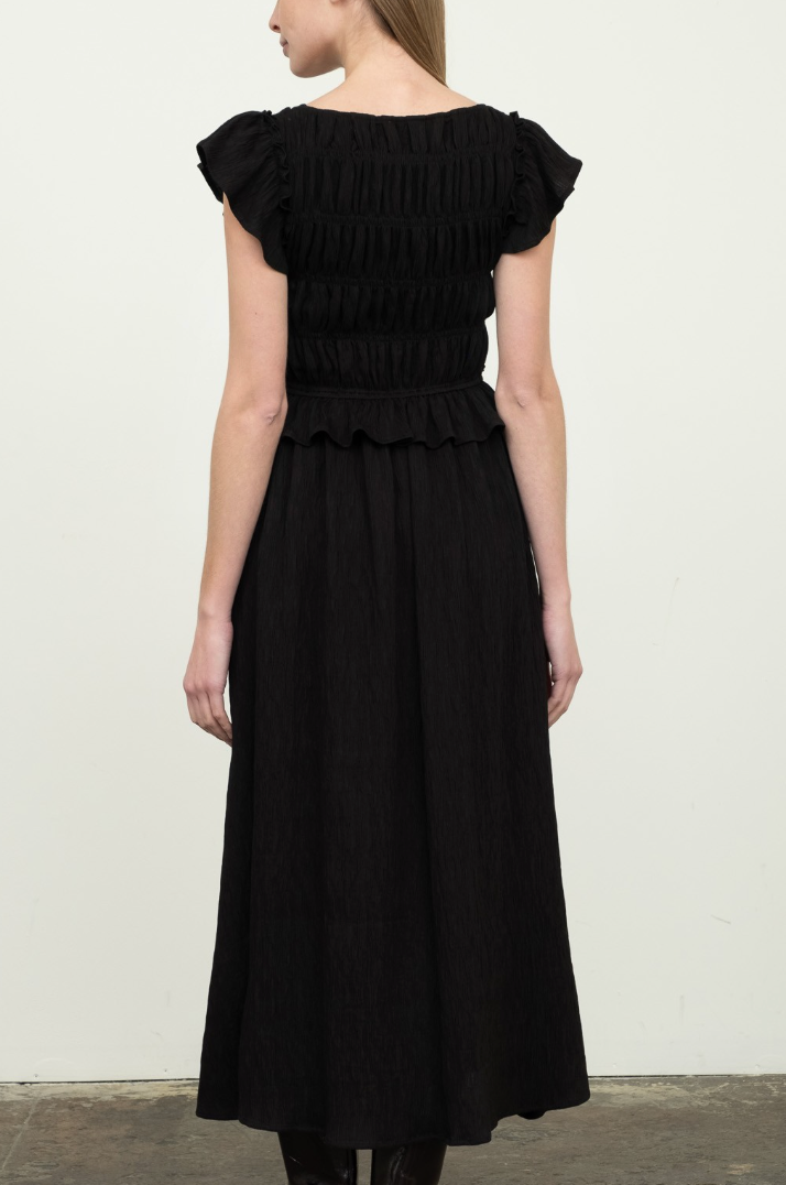 Shirred V-Neck Ruffle Trim Midi Dress