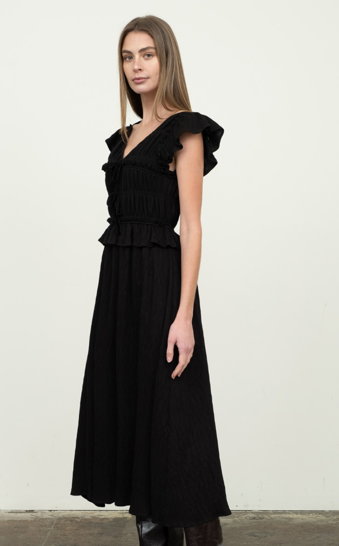 Shirred V-Neck Ruffle Trim Midi Dress