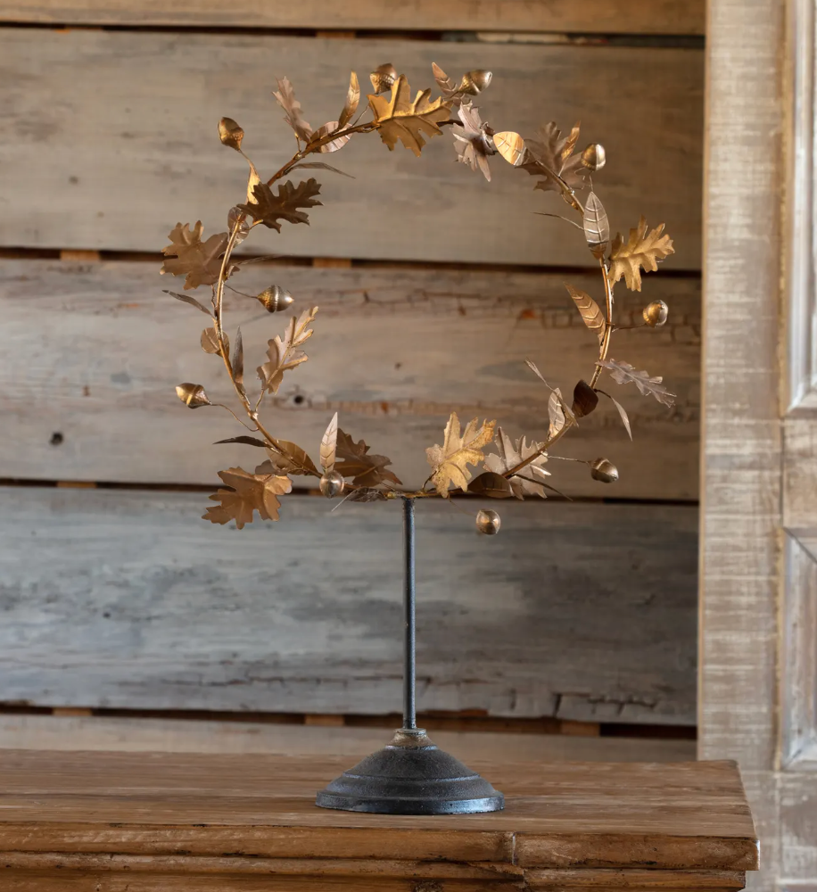 French Wire Gold Acorn Wreath on Stand