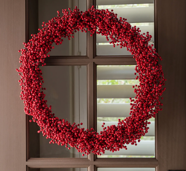Red Wooden Bead Berry Wreath 20"