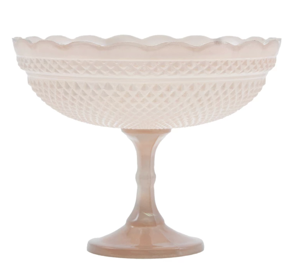 Blush Pressed Glass Scalloped Footed Bowl