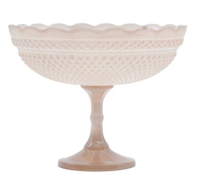 Blush Pressed Glass Scalloped Footed Bowl