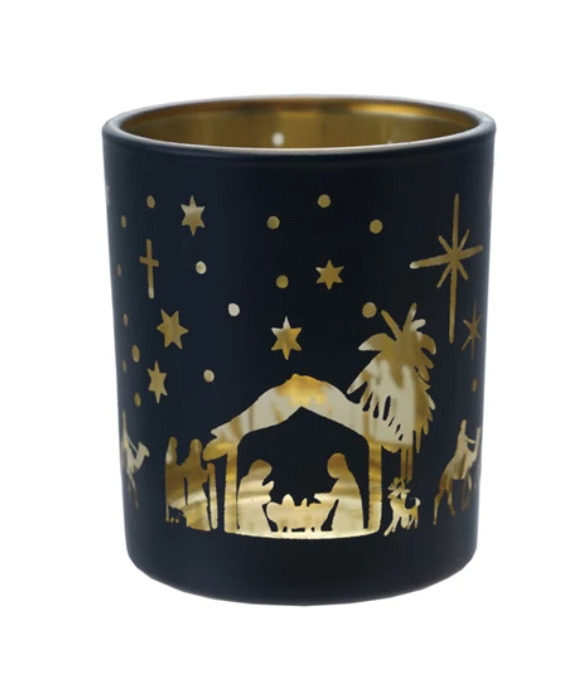 Glass Tealight/ Votive Holder with Etched Nativity