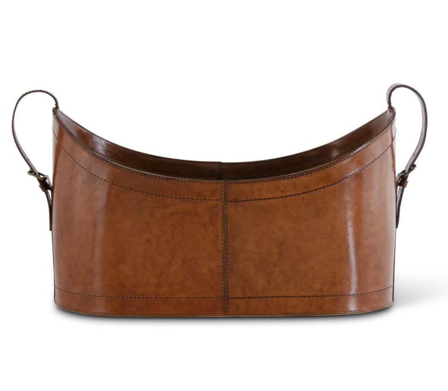 Brown Leather Oval Basket with Adjustable Handles