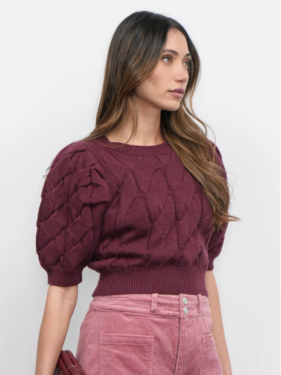 Hallie Cable Knit Puff Sleeve Sweater Top
