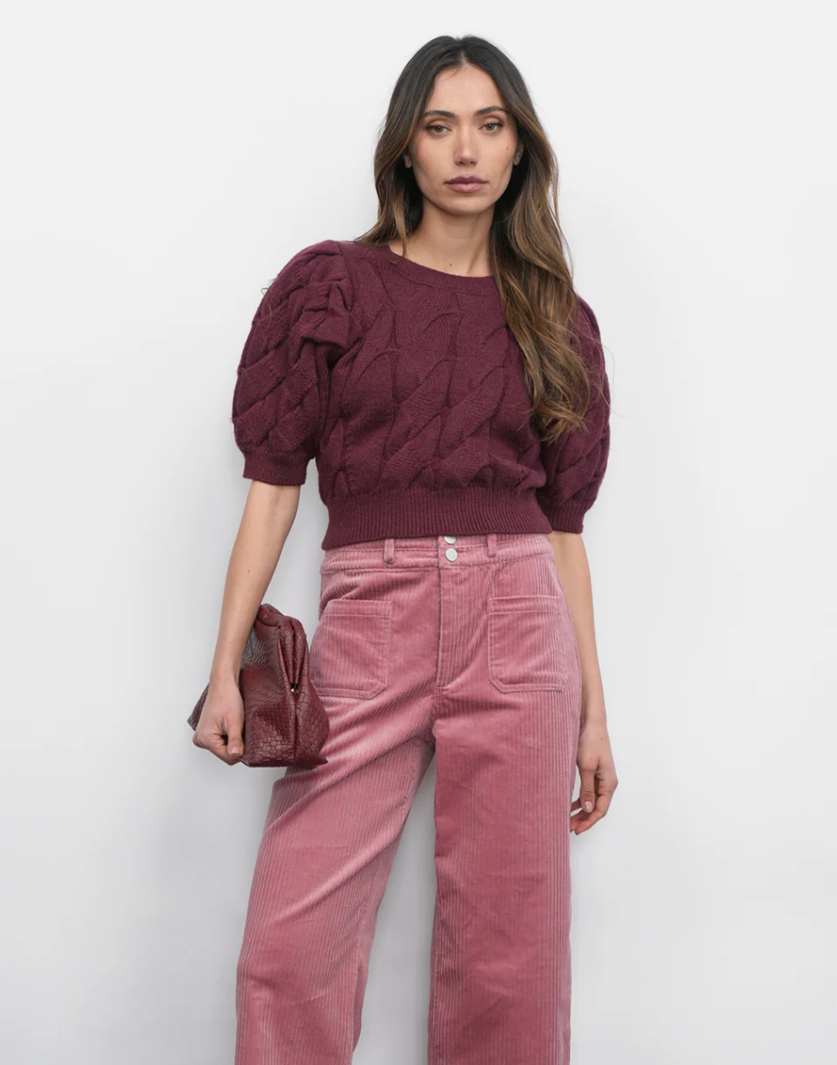 Hallie Cable Knit Puff Sleeve Sweater Top