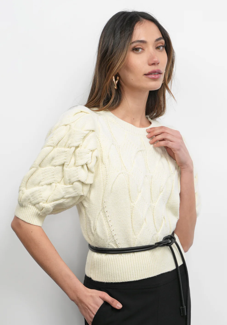 Hallie Cable Knit Puff Sleeve Sweater Top