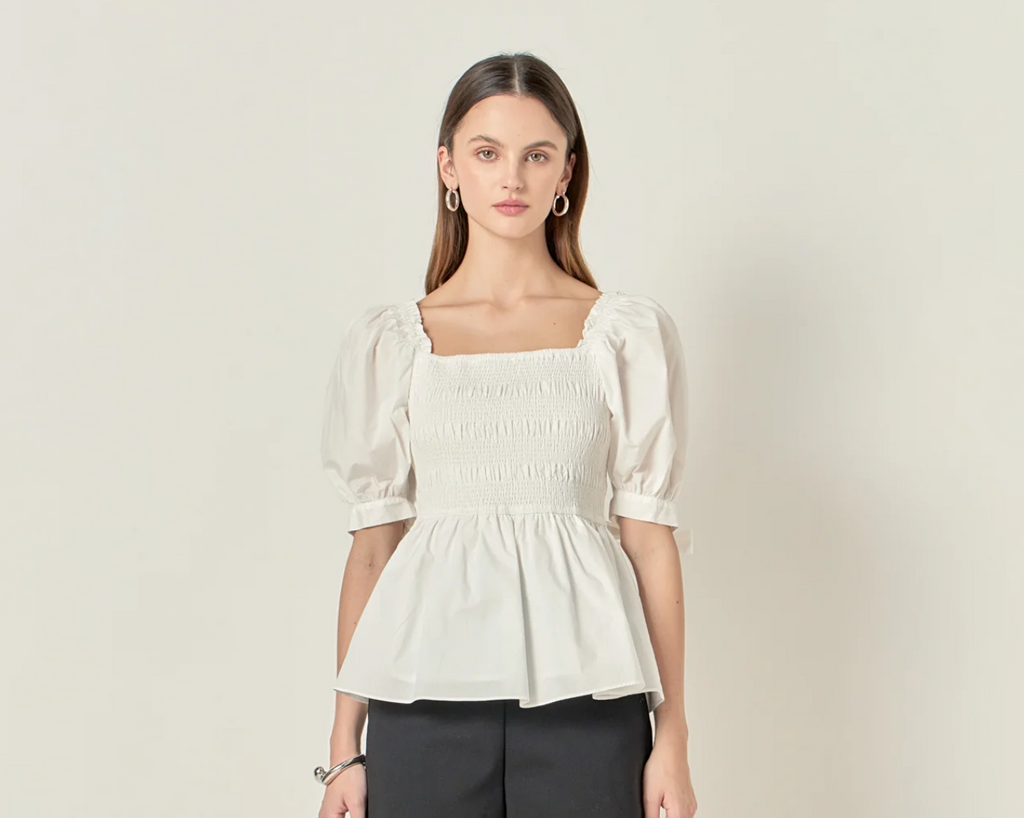 Smocked Bow Tie Peplum Top