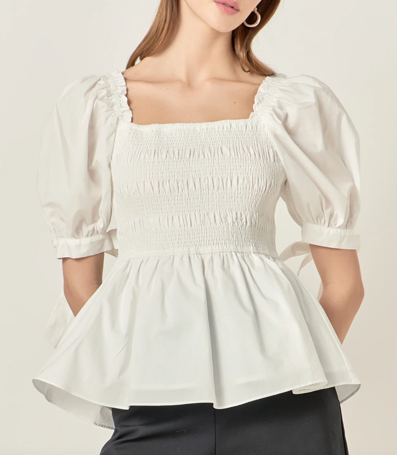 Smocked Bow Tie Peplum Top