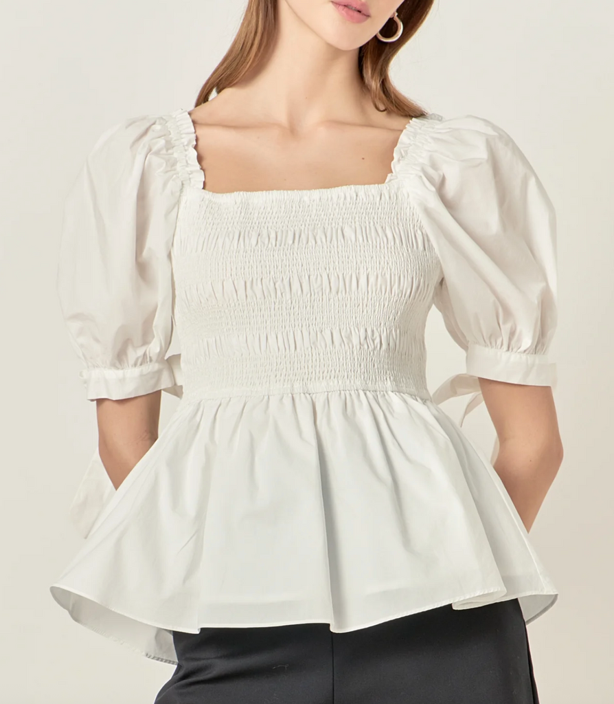 Smocked Bow Tie Peplum Top