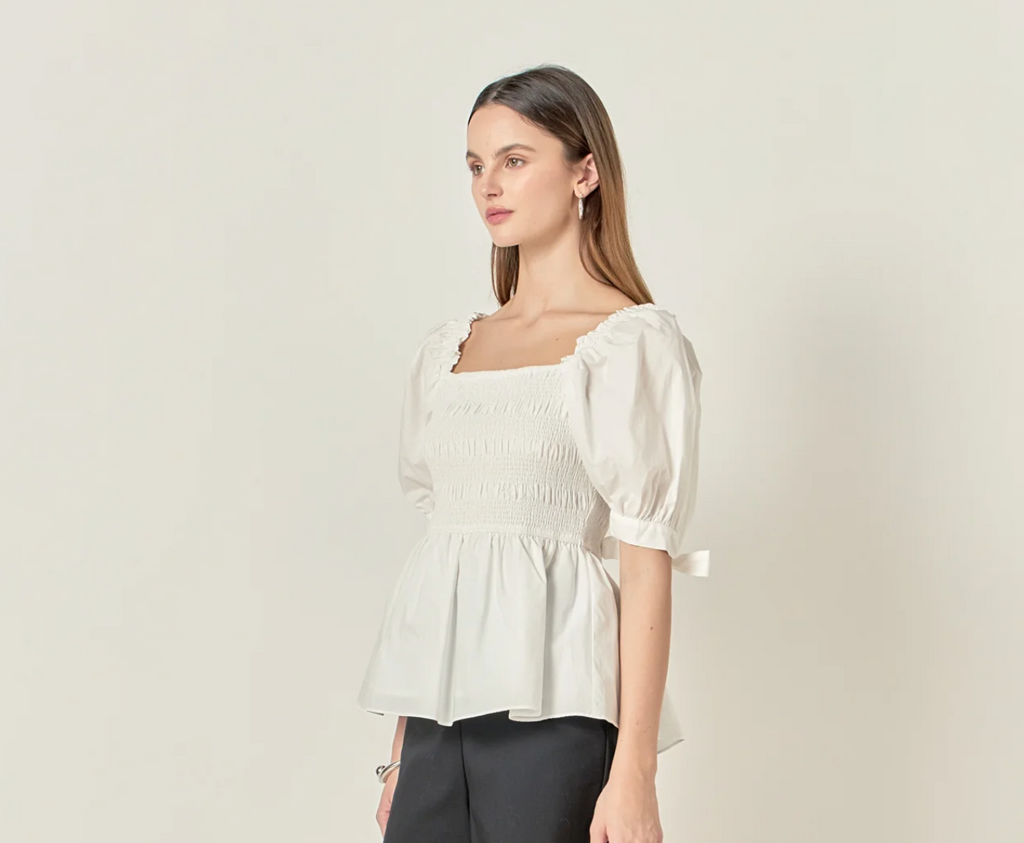 Smocked Bow Tie Peplum Top