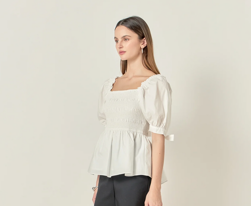 Smocked Bow Tie Peplum Top