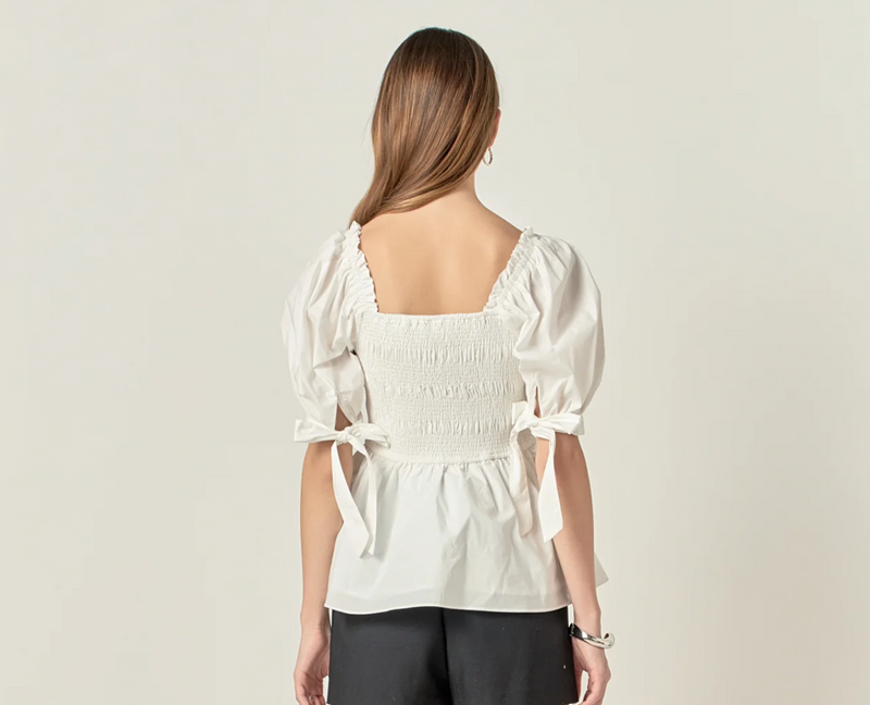 Smocked Bow Tie Peplum Top