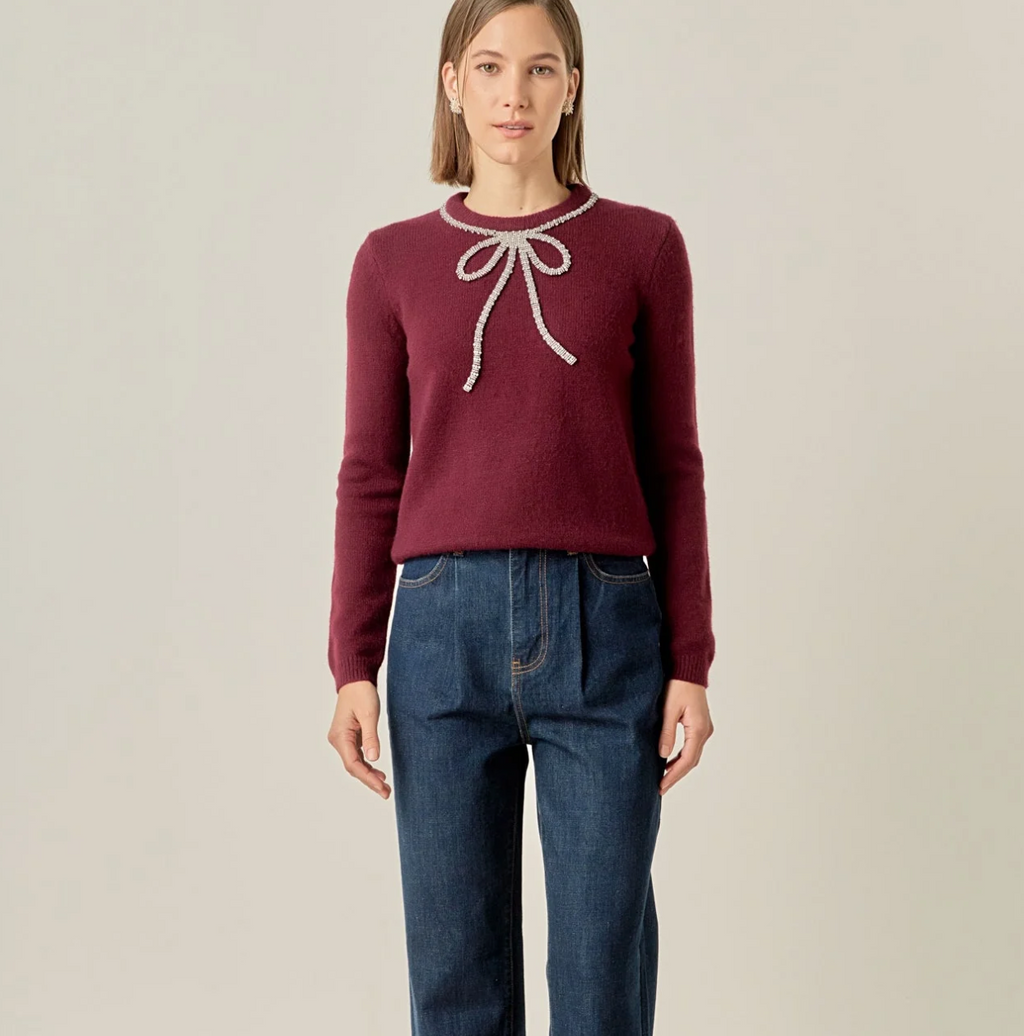 Rhinestone Bow Knit Sweater
