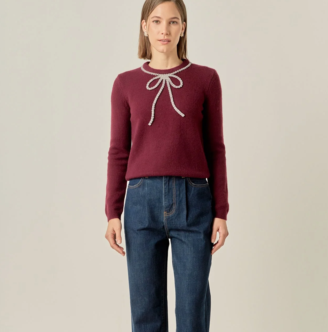 Rhinestone Bow Knit Sweater