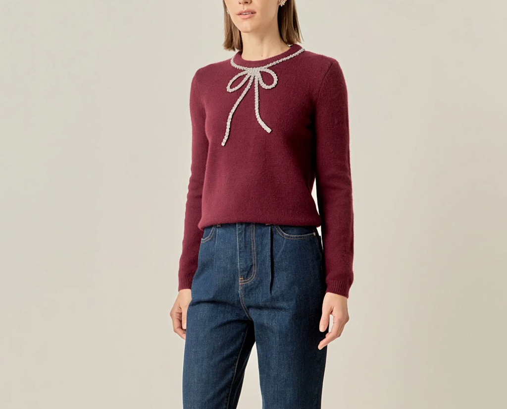 Rhinestone Bow Knit Sweater