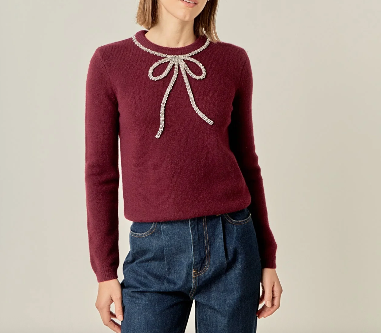 Rhinestone Bow Knit Sweater