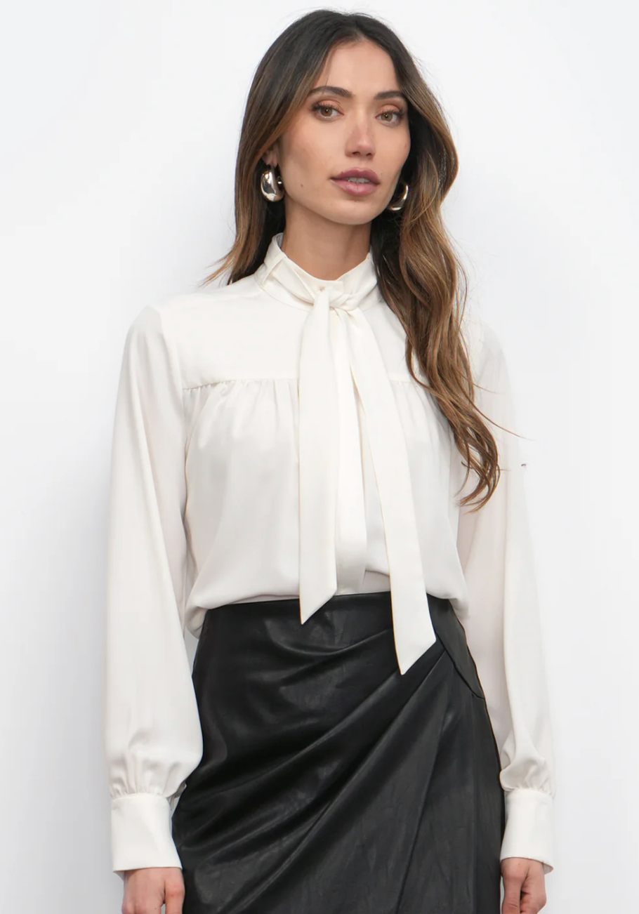 Cameron Button Up Neck Tie Blouse