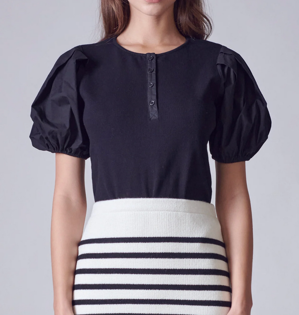 Mixed Media Puff Sleeve Henley Top