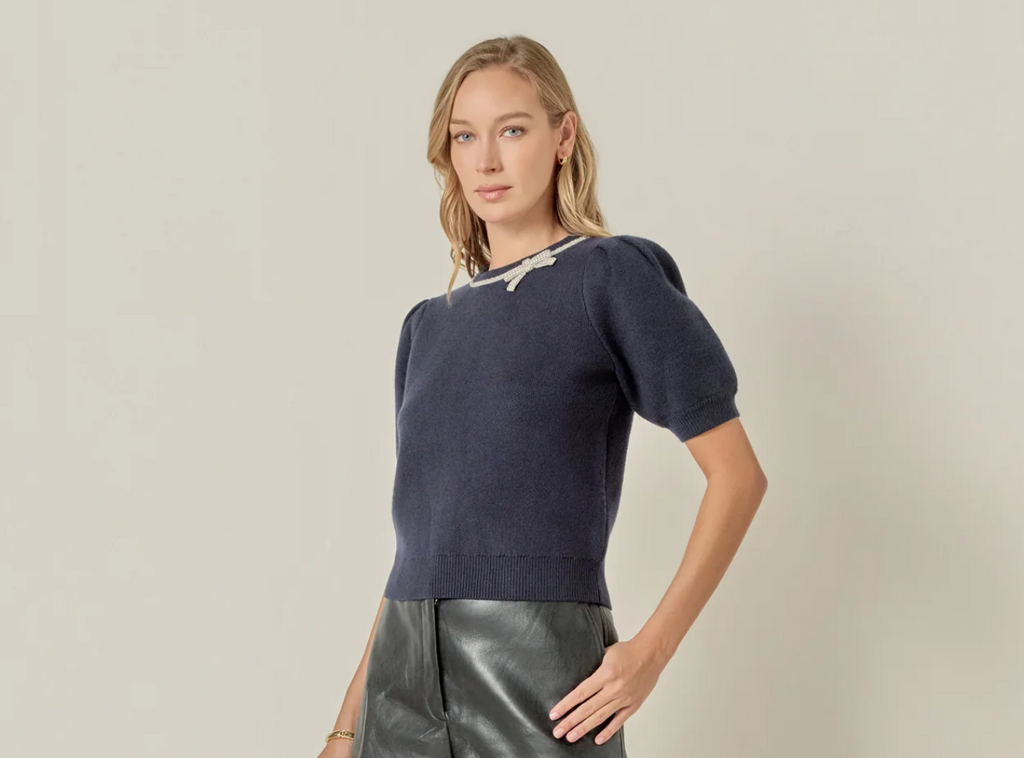 Puff Sleeve Rhinestone Bow Knit Sweater