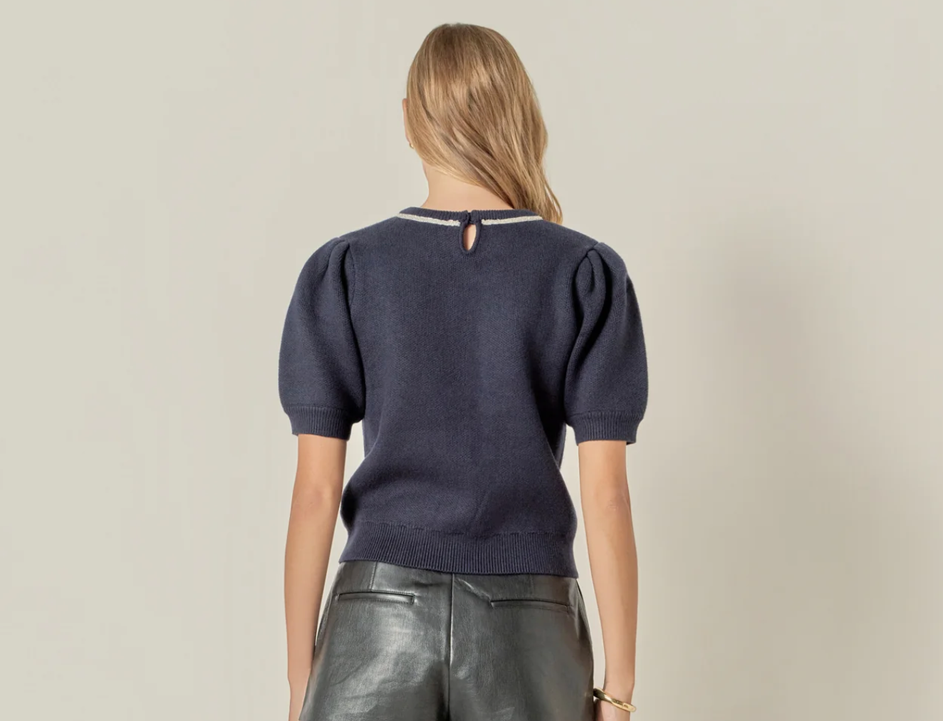 Puff Sleeve Rhinestone Bow Knit Sweater