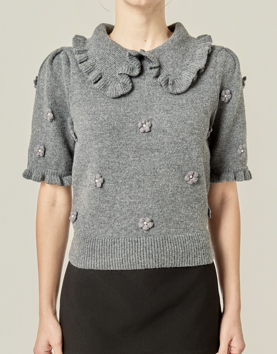 Pearl Floral Ruffle Sleeve Knit