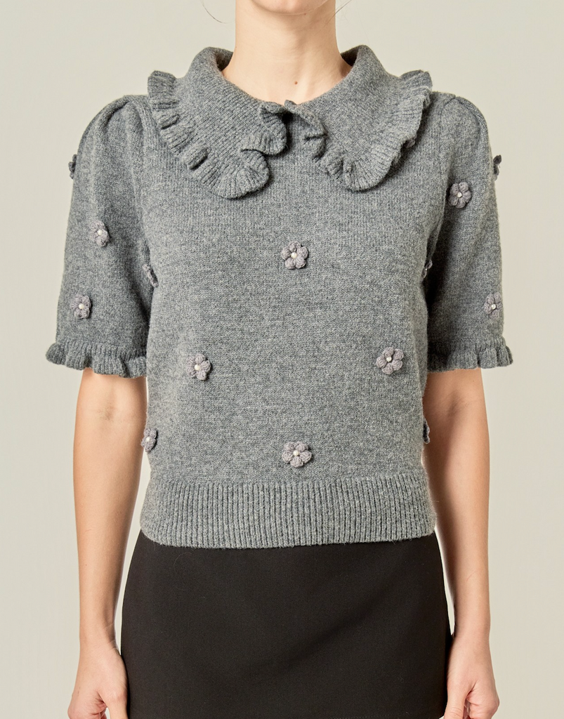 Pearl Floral Ruffle Sleeve Knit