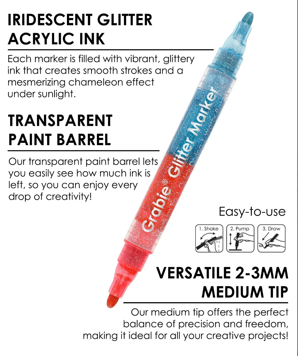 Dual Tone Iridescent Glitter Acrylic Paint Marker Set Of 8