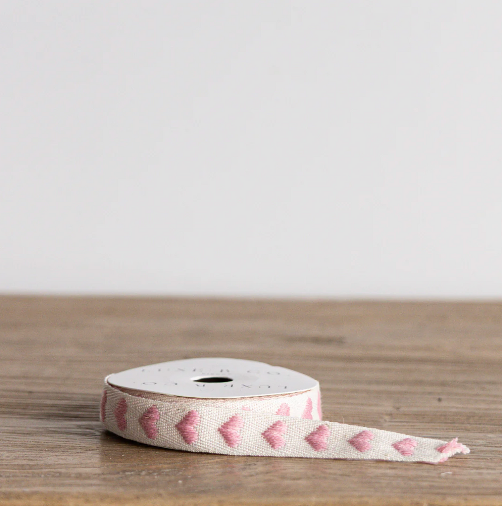 Rosewood Pink Hearts Woven Ribbon