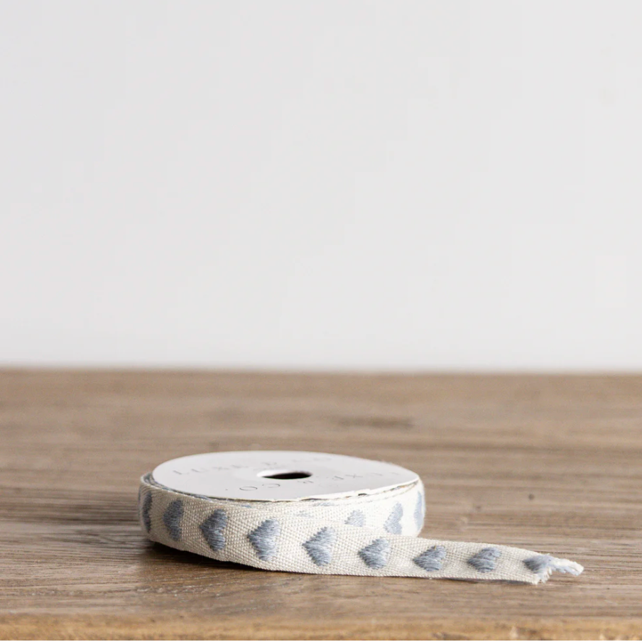 Dusty Blue Hearts Woven Ribbon
