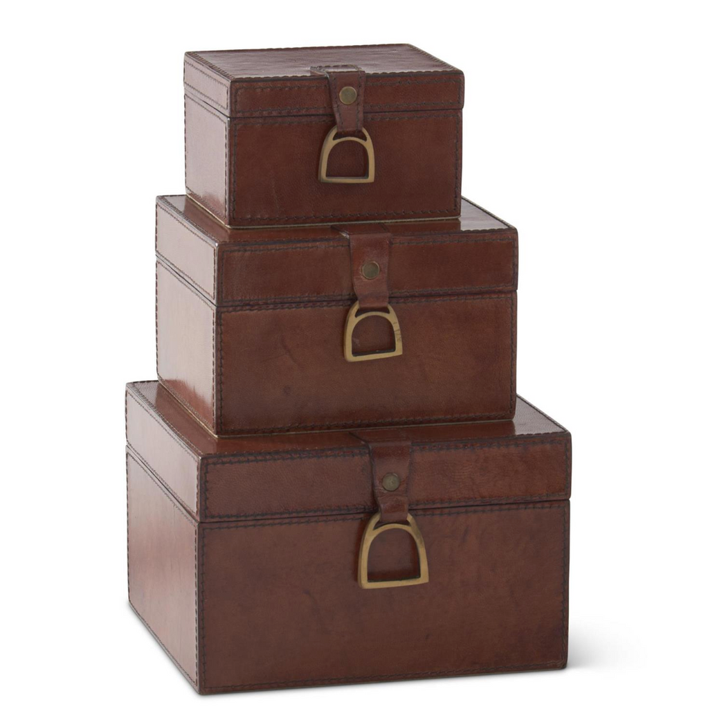 Brown Leather Hinged Nesting Box with Stirrups
