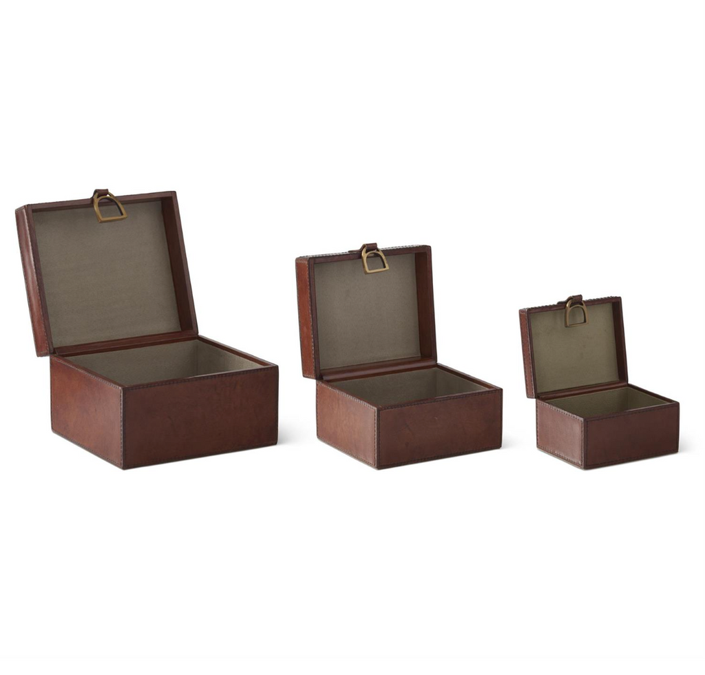 Brown Leather Hinged Nesting Box with Stirrups