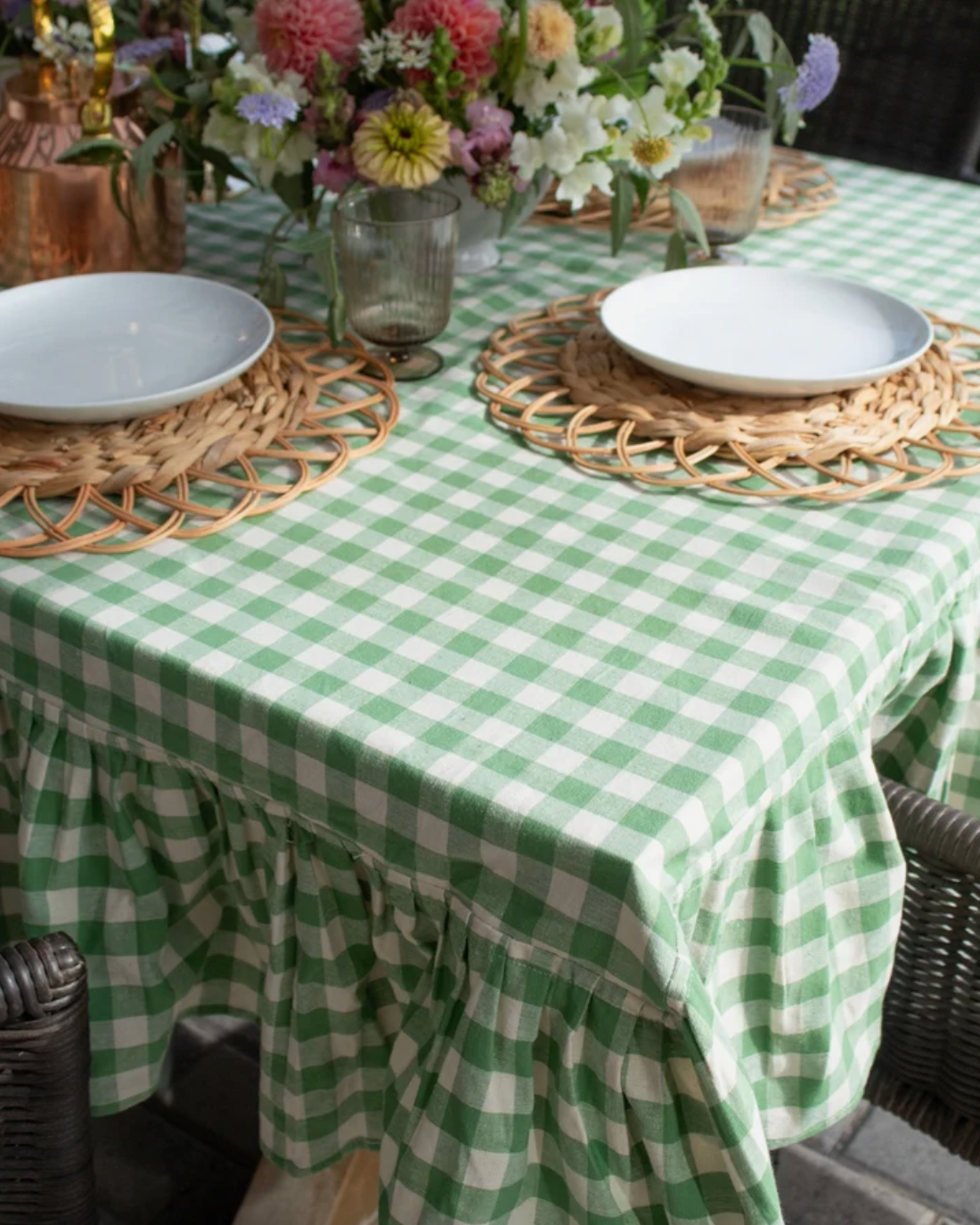 Moss Ruffled Gingham Tablecloth