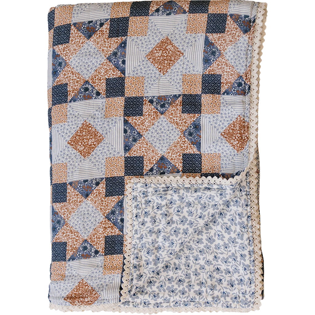 Patchwork Print + Blue Blossom Lace Muslin Quilt