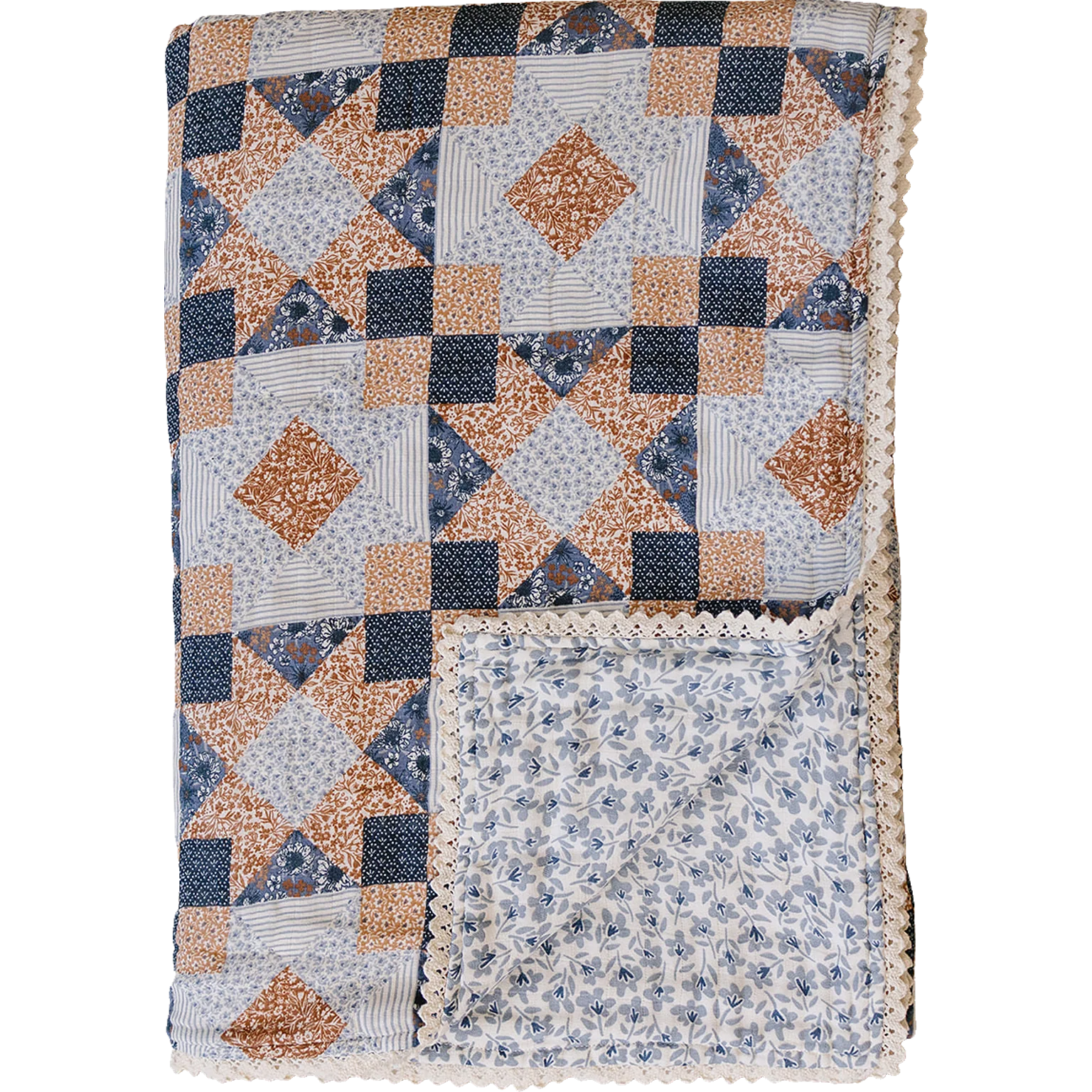 Patchwork Print + Blue Blossom Lace Muslin Quilt