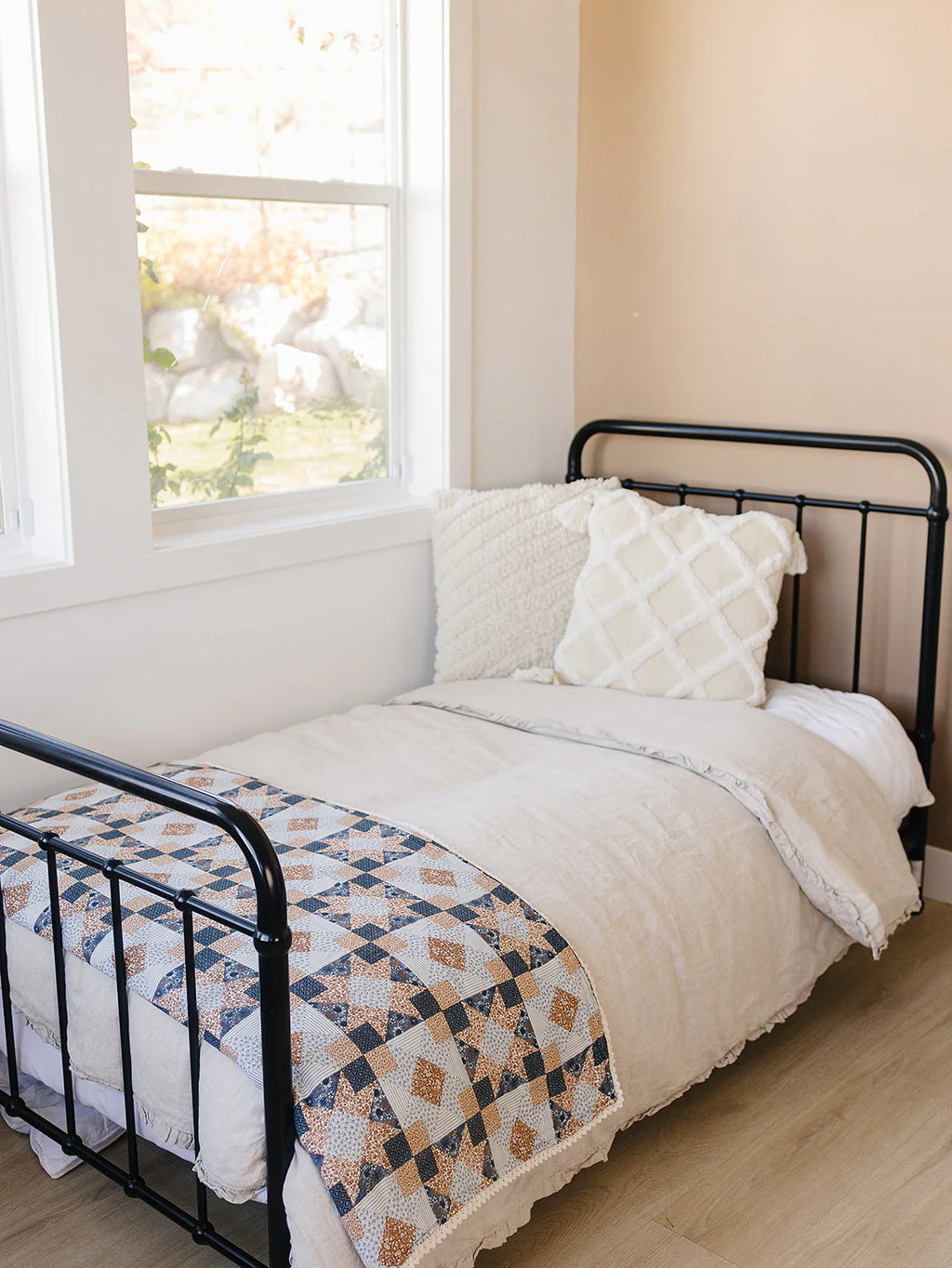 Patchwork Print + Blue Blossom Lace Muslin Quilt