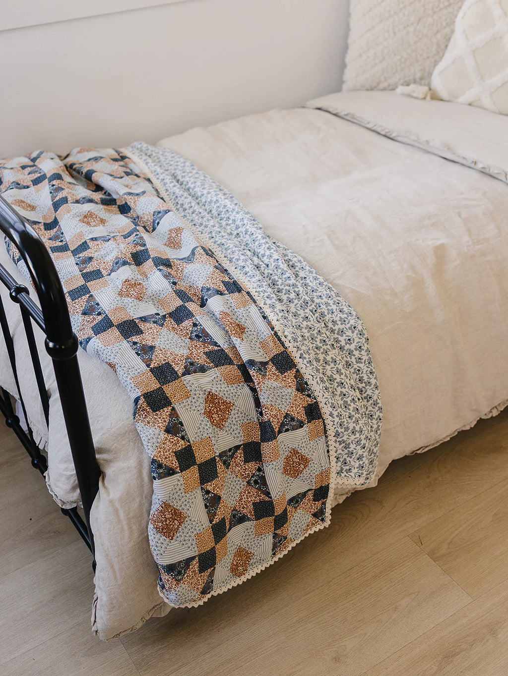 Patchwork Print + Blue Blossom Lace Muslin Quilt
