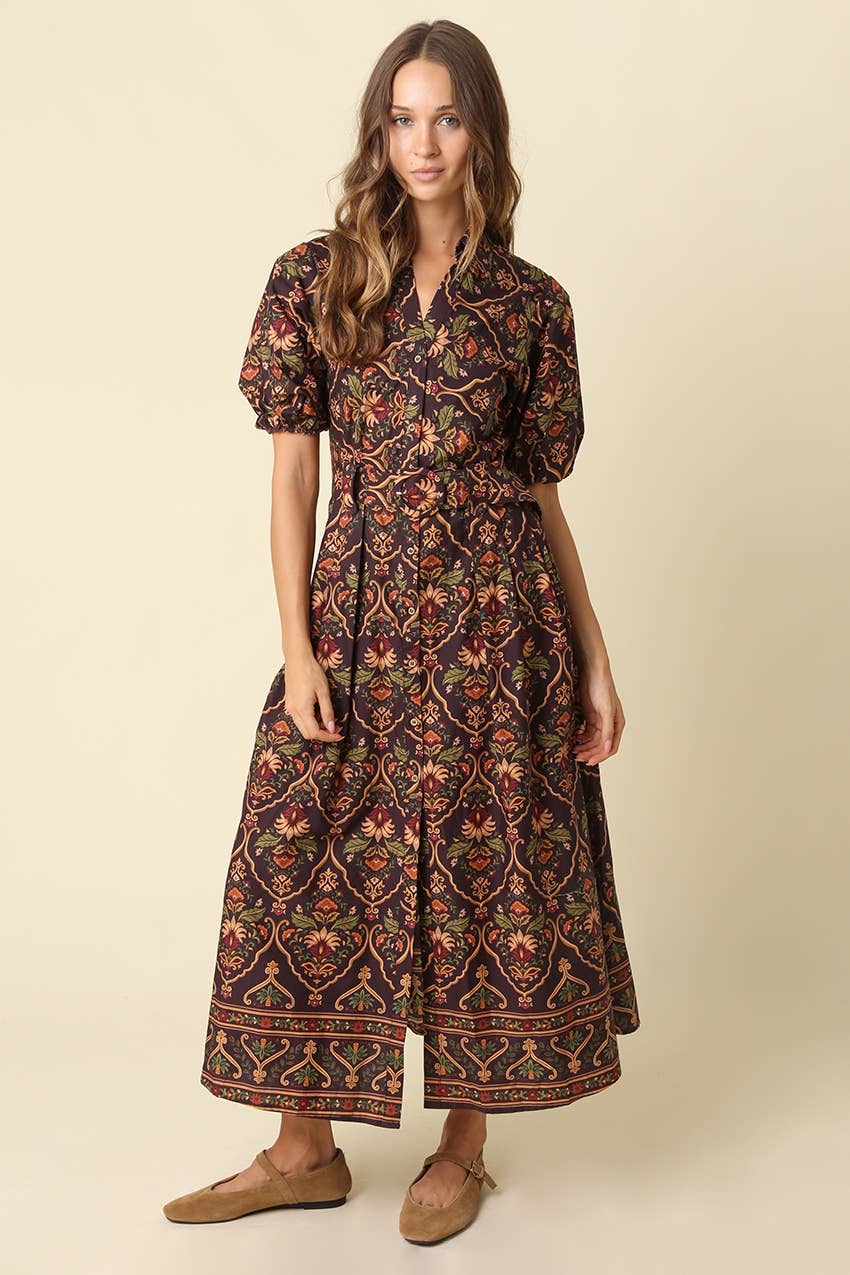 Lucy Paisley Puff Sleeve Midi Dress